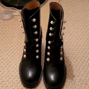 Stuart Weitzman Ivey Pearly Lace-Up Combat Booties